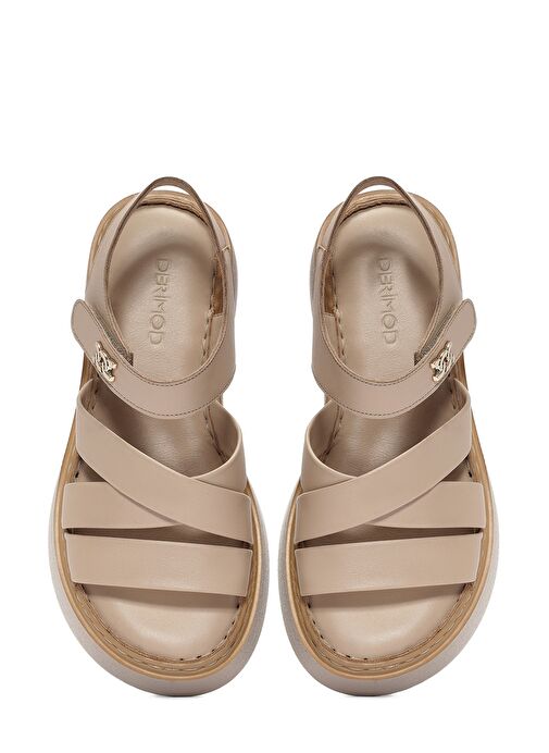 Kadın Bej Bilekten Bağlamalı Kalın Tabanlı Deri Comfort Sandalet 25SFD342718 - Görsel 8