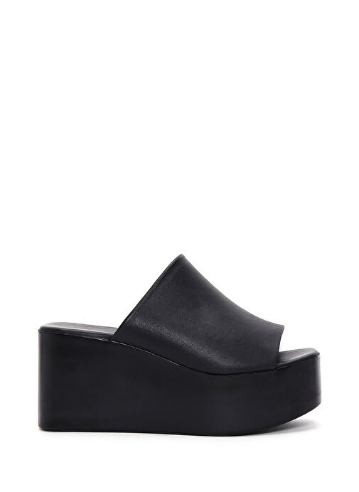 Kadın Siyah Dolgu Topuklu Deri Terlik 25SFD150318 - Görsel 2