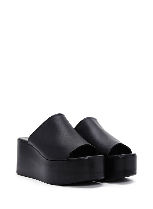 Kadın Siyah Dolgu Topuklu Deri Terlik 25SFD150318 - Görsel 4