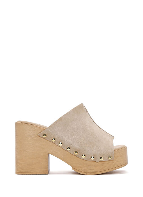 Kadın Bej Yüksek Kalın Topuklu Süet Deri Terlik 25SFD150410 - Görsel 2