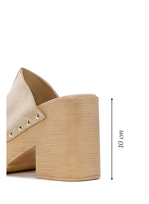 Kadın Bej Yüksek Kalın Topuklu Süet Deri Terlik 25SFD150410 - Görsel 3