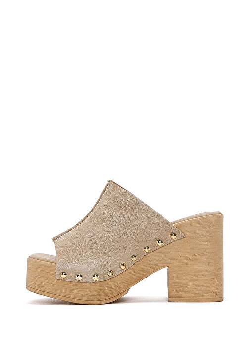 Kadın Bej Yüksek Kalın Topuklu Süet Deri Terlik 25SFD150410 - Görsel 4