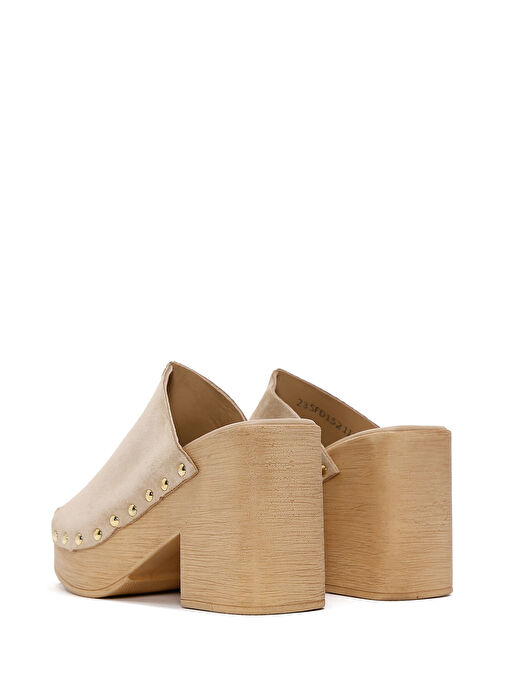 Kadın Bej Yüksek Kalın Topuklu Süet Deri Terlik 25SFD150410 - Görsel 7