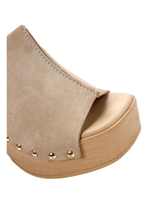 Kadın Bej Yüksek Kalın Topuklu Süet Deri Terlik 25SFD150410 - Görsel 9