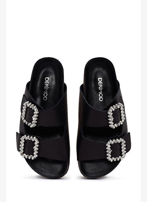 Kadın Siyah Taşlı Deri Terlik 25SFD150118 - Görsel 7