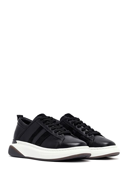 Erkek Siyah Bağcıklı Kalın Tabanlı Deri Sneaker 25SFD688518 - Görsel 4