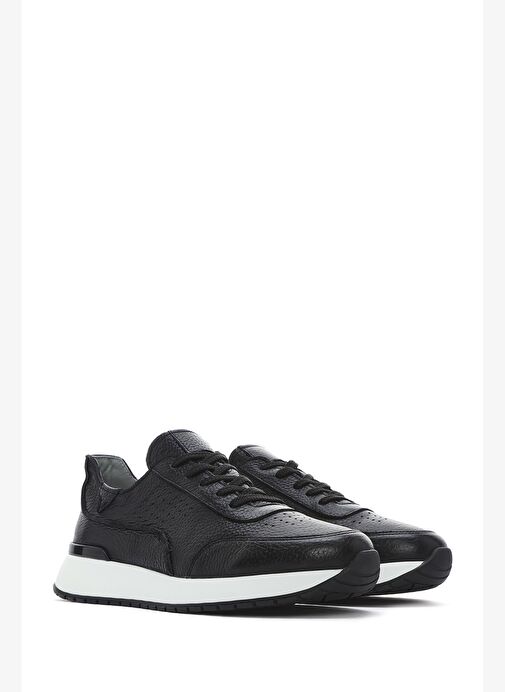 Erkek Siyah Bağcıklı Kalın Tabanlı Deri Casual Sneaker 25SFD6885FT - Görsel 4
