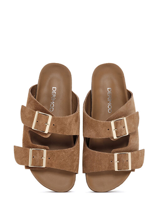 Kadın Taba Çift Tokalı Süet Deri Terlik 25SFD150210 - Görsel 8