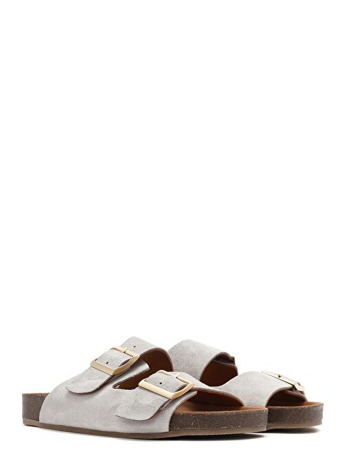 Kadın Gri Çift Tokalı Süet Deri Terlik 25SFD150210 - Görsel 4