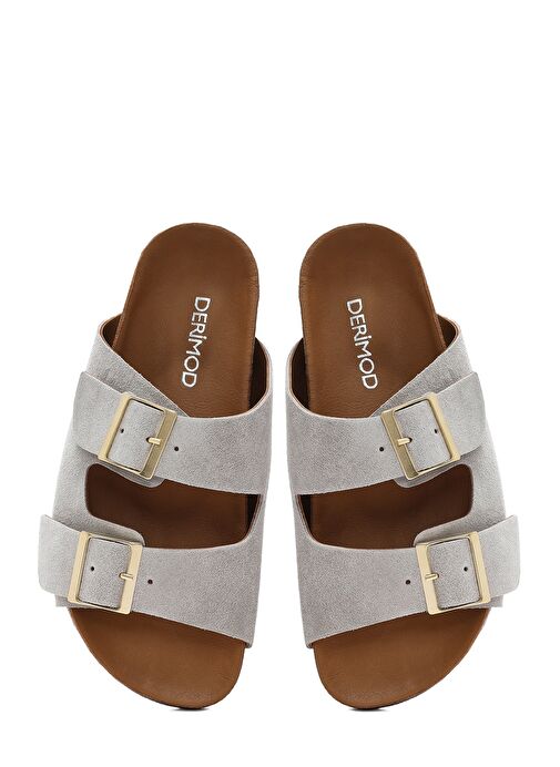 Kadın Gri Çift Tokalı Süet Deri Terlik 25SFD150210 - Görsel 8