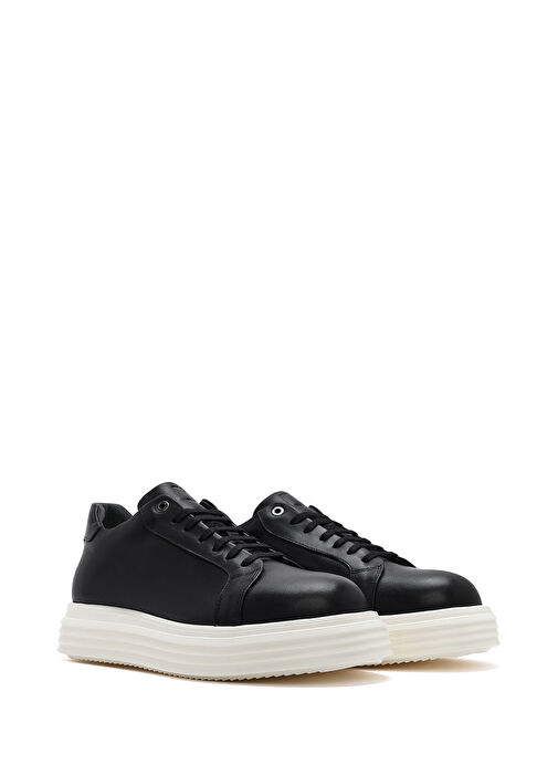 Erkek Siyah Kalın Tabanlı Bağcıklı Deri Sneaker 25SFD654118 - Görsel 4