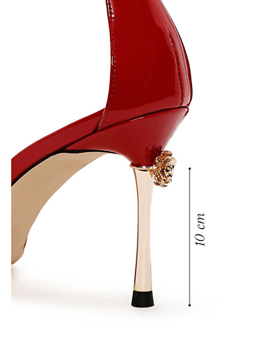 Kadın Kırmızı Bilekten Bantlı Yüksek İnce Topuklu Rugan Deri Ayakkabı 25SFD120216 - Görsel 3