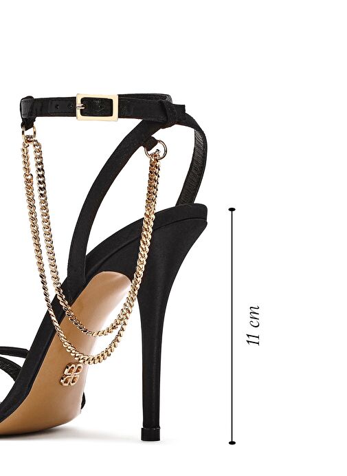 Kadın Siyah Bilekten Bantlı Zincir Detaylı Saten Deri İnce Yüksek Topuklu Sandalet 25SFD12036F - Görsel 3