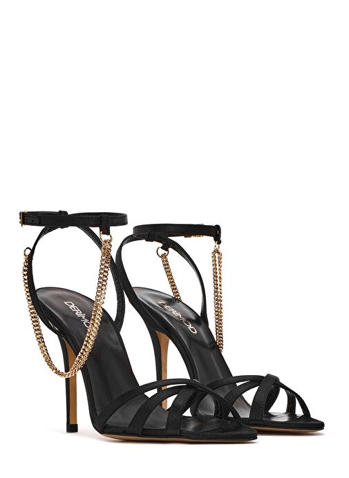 Kadın Siyah Bilekten Bantlı Zincir Detaylı Saten Deri İnce Yüksek Topuklu Sandalet 25SFD12036F - Görsel 4