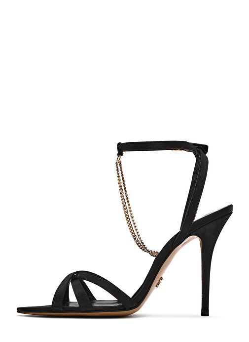 Kadın Siyah Bilekten Bantlı Zincir Detaylı Saten Deri İnce Yüksek Topuklu Sandalet 25SFD12036F - Görsel 5