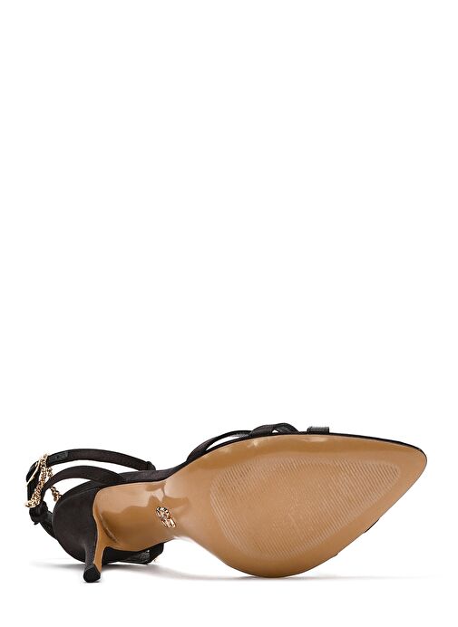 Kadın Siyah Bilekten Bantlı Zincir Detaylı Saten Deri İnce Yüksek Topuklu Sandalet 25SFD12036F - Görsel 6