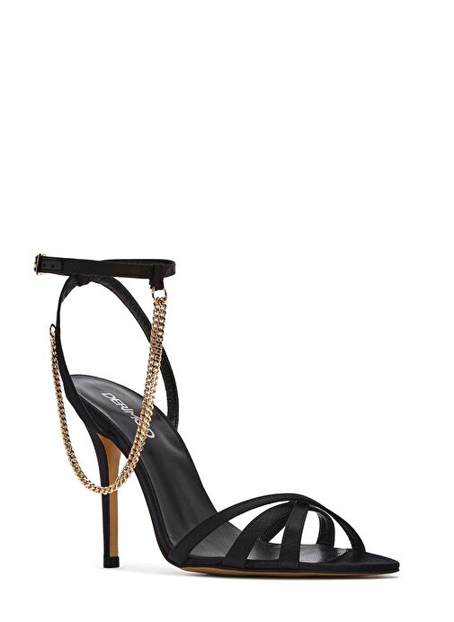 Kadın Siyah Bilekten Bantlı Zincir Detaylı Saten Deri İnce Yüksek Topuklu Sandalet 25SFD12036F - Görsel 8