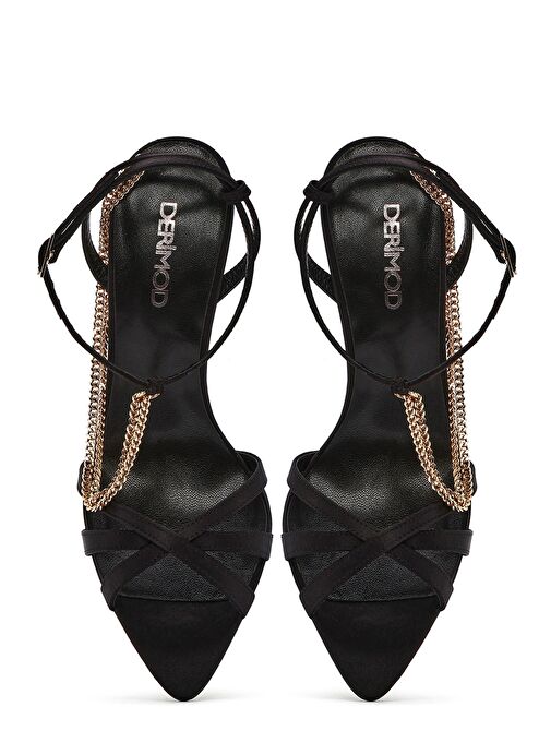 Kadın Siyah Bilekten Bantlı Zincir Detaylı Saten Deri İnce Yüksek Topuklu Sandalet 25SFD12036F - Görsel 9