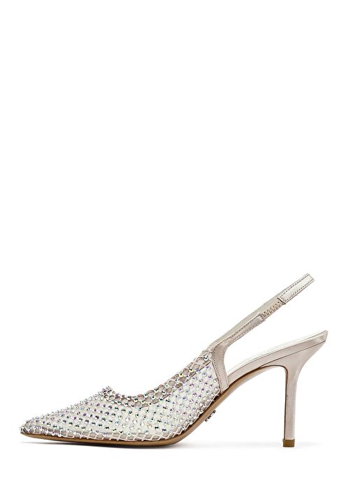 Kadın Bej Taşlı Arkası Açık İnce Topuklu Deri Ayakkabı 25SFD1210TS - Görsel 5