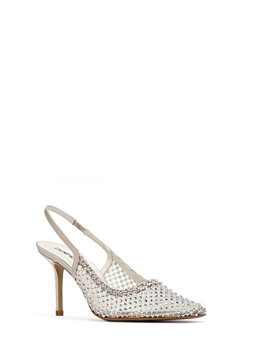 Kadın Bej Taşlı Arkası Açık İnce Topuklu Deri Ayakkabı 25SFD1210TS - Görsel 8