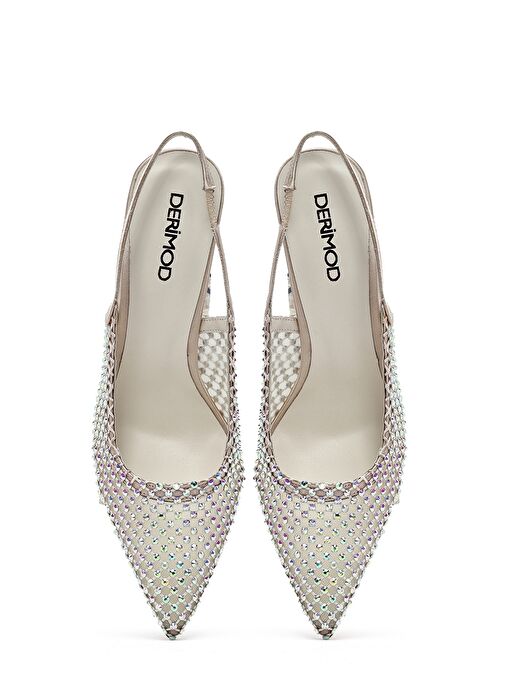 Kadın Bej Taşlı Arkası Açık İnce Topuklu Deri Ayakkabı 25SFD1210TS - Görsel 9