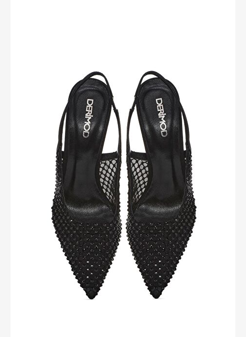 Kadın Siyah Taşlı Arkası Açık İnce Topuklu Deri Ayakkabı 25AFD1207TS - Görsel 9