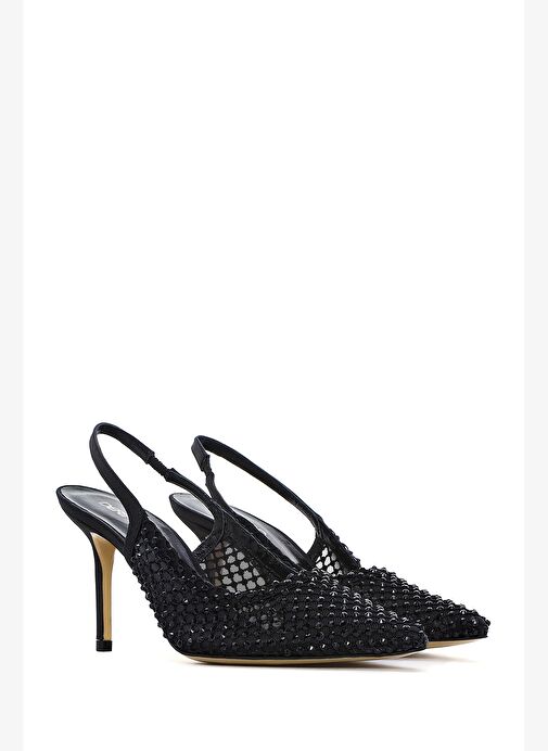 Kadın Siyah Taşlı Arkası Açık İnce Topuklu Deri Ayakkabı 25AFD1207TS - Görsel 4