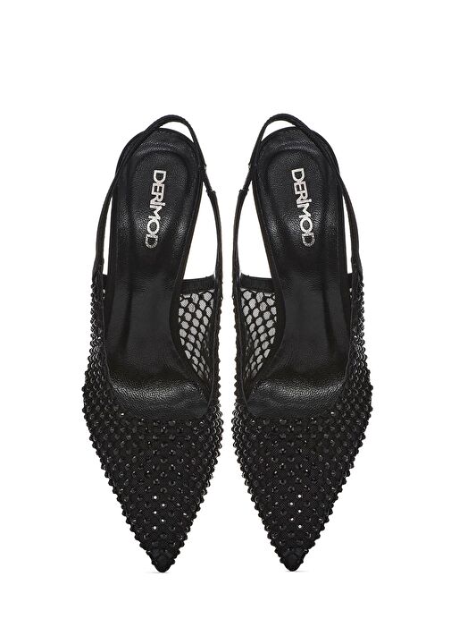 Kadın Siyah Taşlı Arkası Açık İnce Topuklu Deri Ayakkabı 25SFD1210TS - Görsel 9