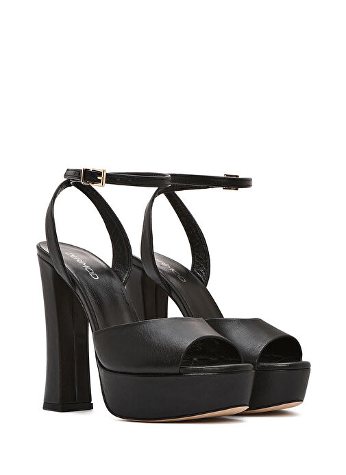 Kadın Siyah Bilekten Tokalı Platformlu Yüksek Kalın Topuklu Deri Sandalet 25SFD120518 - Görsel 5