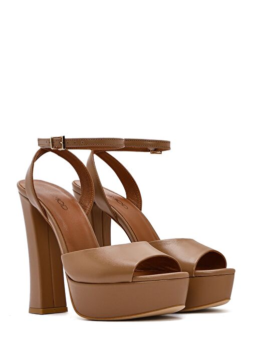 Kadın Taba Bilekten Tokalı Platformlu Yüksek Kalın Topuklu Deri Sandalet 25SFD120518 - Görsel 5