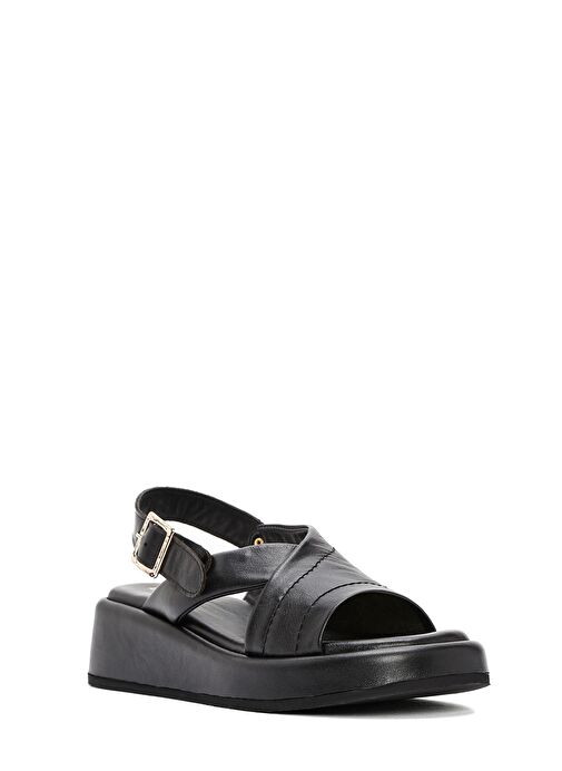 Kadın Siyah Bilekten Tokalı Kalın Tabanlı Deri Sandalet 25SFD201318 - Görsel 7