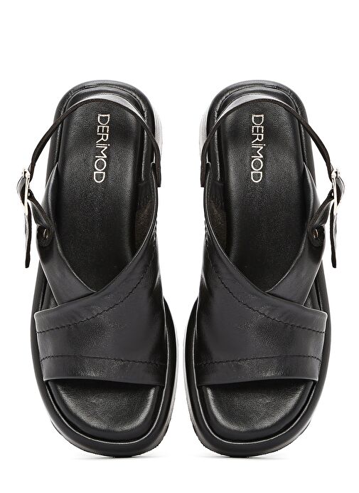 Kadın Siyah Bilekten Tokalı Kalın Tabanlı Deri Sandalet 25SFD201318 - Görsel 8