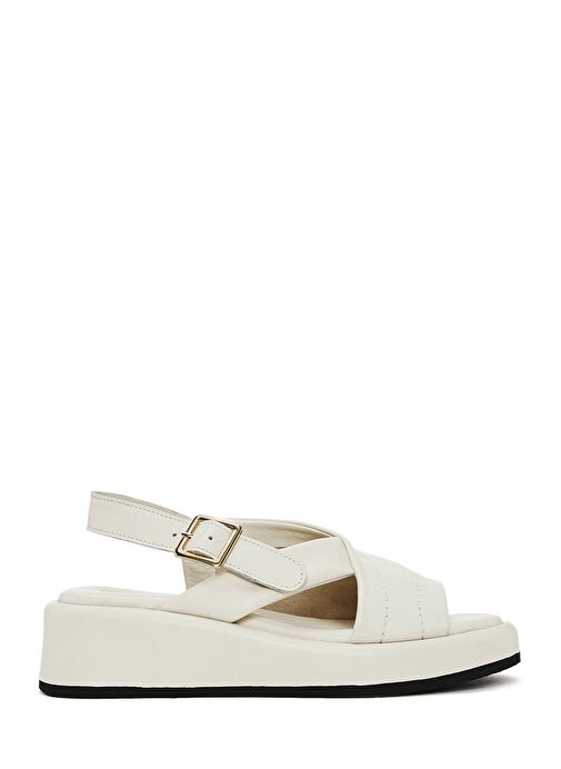 Kadın Bej Bilekten Tokalı Kalın Tabanlı Deri Sandalet 25SFD201318 - Görsel 2