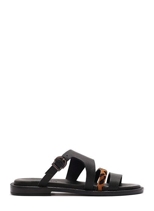 Kadın Siyah Tokalı Leopar Desenli Deri Terlik 25SFD200814 - Görsel 2