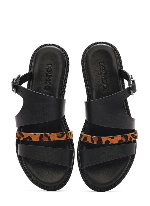 Kadın Siyah Tokalı Leopar Desenli Deri Terlik 25SFD200814 - Görsel 8