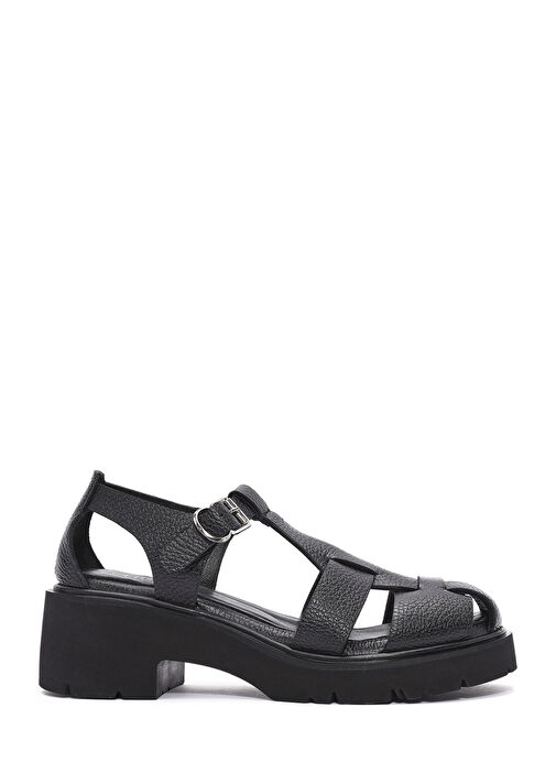 Kadın Siyah Bilekten Bağlamalı Kalın Topuklu Deri Sandalet 25SFD2016FT - Görsel 2