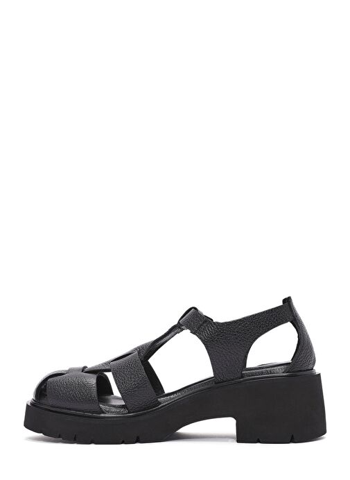 Kadın Siyah Bilekten Bağlamalı Kalın Topuklu Deri Sandalet 25SFD2016FT - Görsel 3