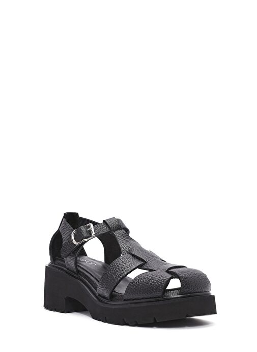 Kadın Siyah Bilekten Bağlamalı Kalın Topuklu Deri Sandalet 25SFD2016FT - Görsel 7