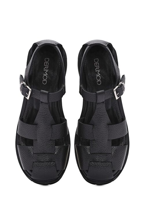 Kadın Siyah Bilekten Bağlamalı Kalın Topuklu Deri Sandalet 25SFD2016FT - Görsel 8