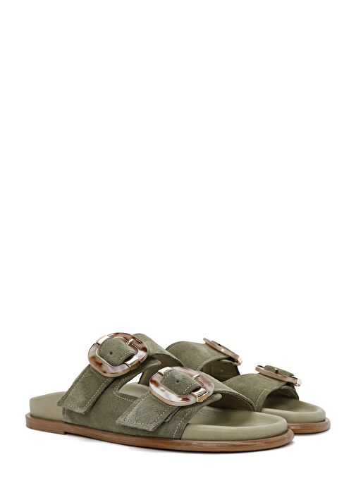 Kadın Yeşil Çift Tokalı Süet Deri Terlik 25SFD200710 - Görsel 4