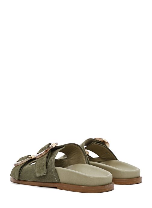 Kadın Yeşil Çift Tokalı Süet Deri Terlik 25SFD200710 - Görsel 6