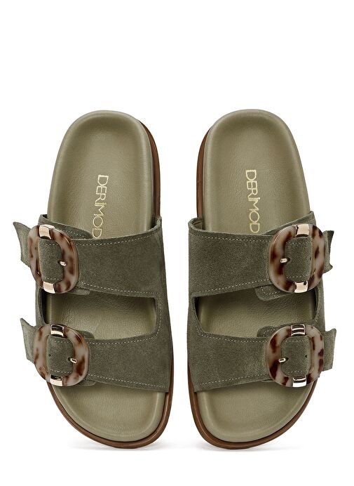 Kadın Yeşil Çift Tokalı Süet Deri Terlik 25SFD200710 - Görsel 7