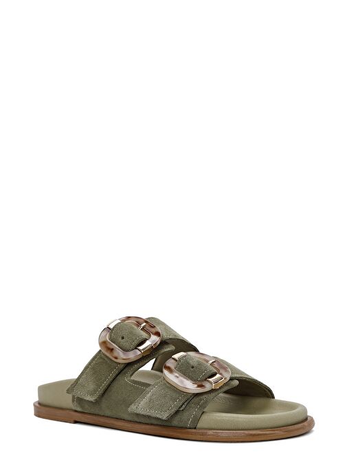 Kadın Yeşil Çift Tokalı Süet Deri Terlik 25SFD200710 - Görsel 8