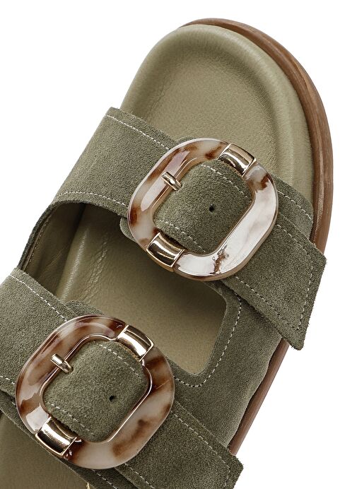 Kadın Yeşil Çift Tokalı Süet Deri Terlik 25SFD200710 - Görsel 9