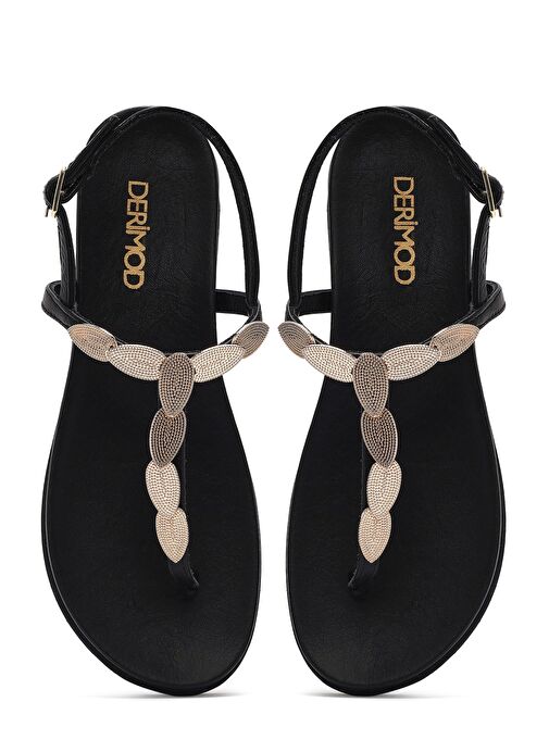 Kadın Siyah Arkadan Bağlamalı Parmak Arası Deri Sandalet 25SFD200918 - Görsel 8