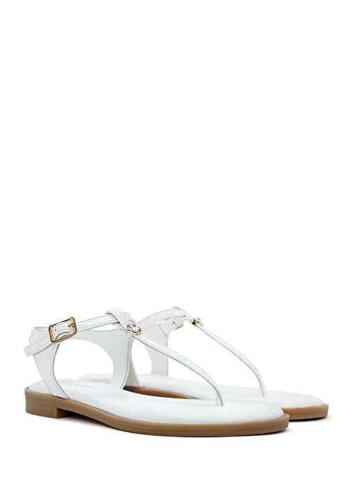 Kadın Beyaz Tokalı Parmak Arası Rugan Deri Sandalet 25SFD201016 - Görsel 4