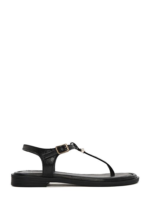 Kadın Siyah Tokalı Parmak Arası Rugan Deri Sandalet 25SFD201016 - Görsel 2