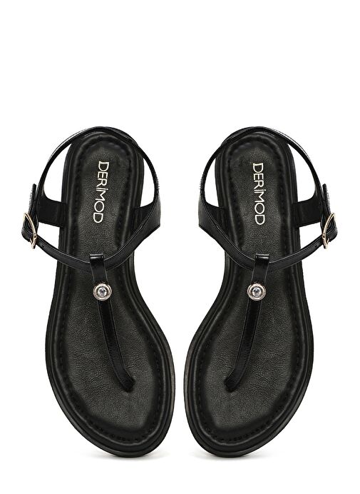 Kadın Siyah Tokalı Parmak Arası Rugan Deri Sandalet 25SFD201016 - Görsel 8