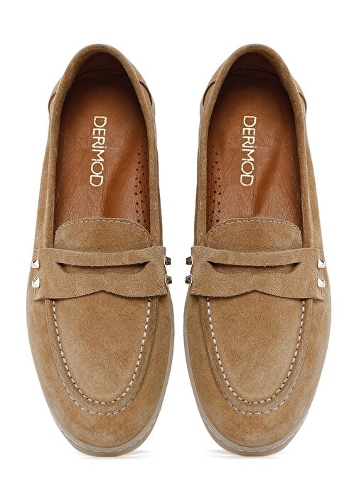 Kadın Bej Taş Detaylı Süet Deri Loafer 25SFD202210 - Görsel 7