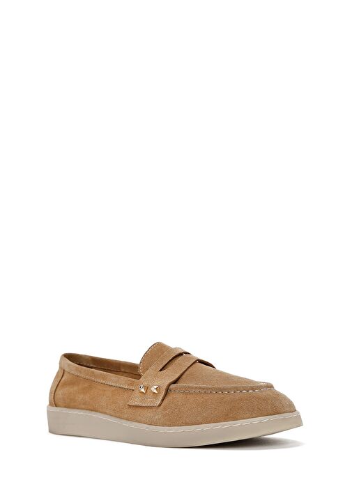 Kadın Bej Taş Detaylı Süet Deri Loafer 25SFD202210 - Görsel 8